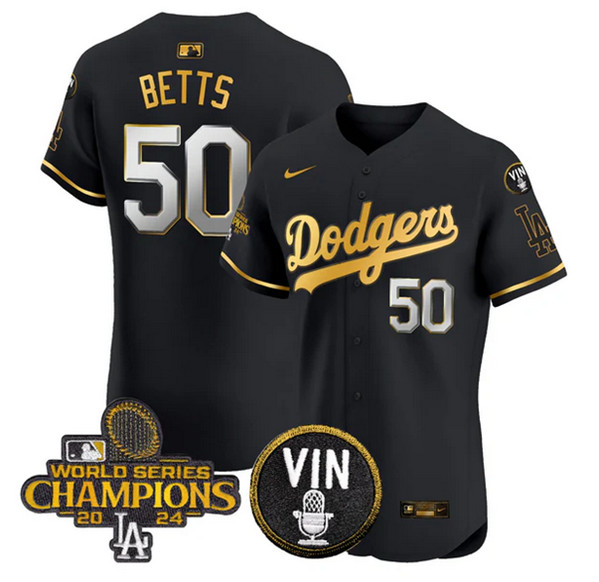 Los Angeles Dodgers #50 Mookie Betts Black Gold 2024 World Series Champions With Vin Patch Vapor Limited Stitched Jersey - Click Image to Close